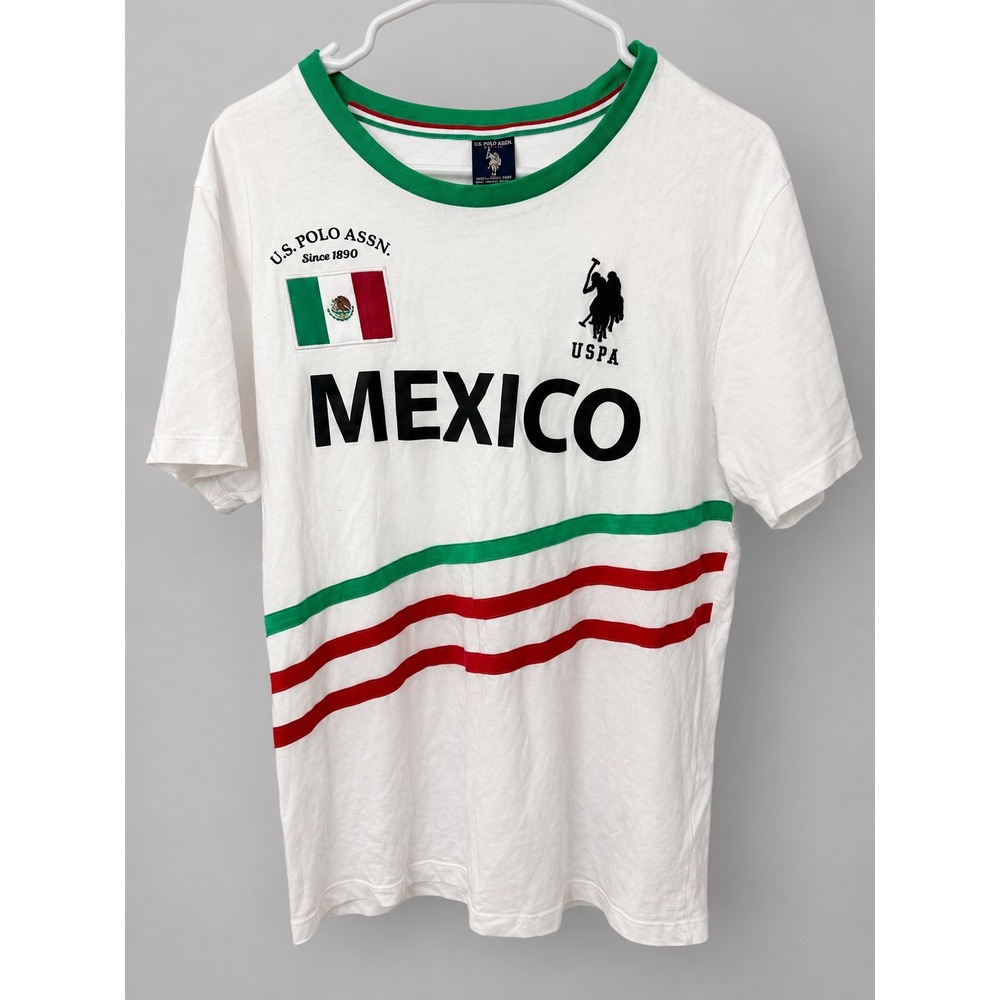 US Polo Assn Shirt Mens Medium Mexico Flag Graphic Ringer Tee White Green Red M